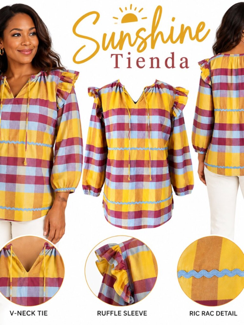 Sunshine Tienda Plaid Ruffle Sleeve Tie Neck Blouse Boho Coastal Chic Top Sz L